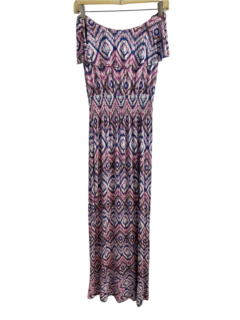 Felicity & Coco Strapless Maxi Dress Boho Pink Blue Ikat Print Size Medium